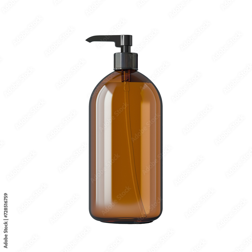 Amber glass dispenser bottle with black pump on transparent background, ideal for cosmetics, soaps, and lotions, with blank space for branding Amber glass dispenser bottle with black pump on transparent background, ideal for cosmetics, soaps, and lotions, with blank space for branding