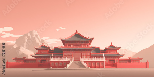 Chinese palace in the city red, in the style of minimalist