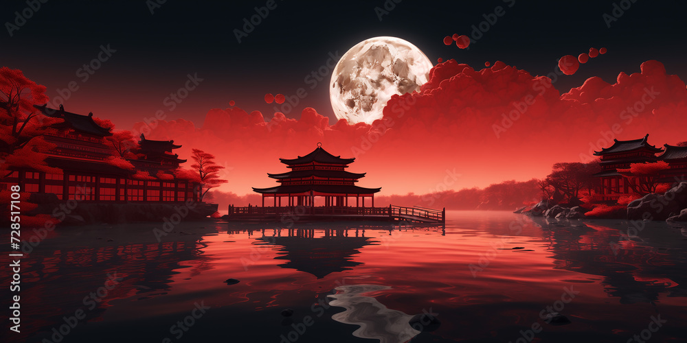 Pure red in front of ancient Chinese buildings, surreal animation style