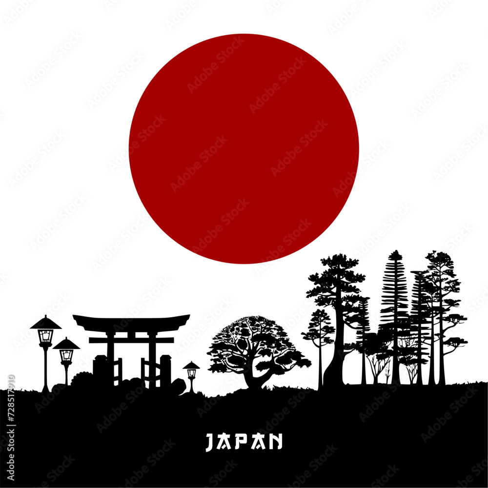 Naklejka premium Vector illustration of Japanese panoramic landscape silhouette and sun