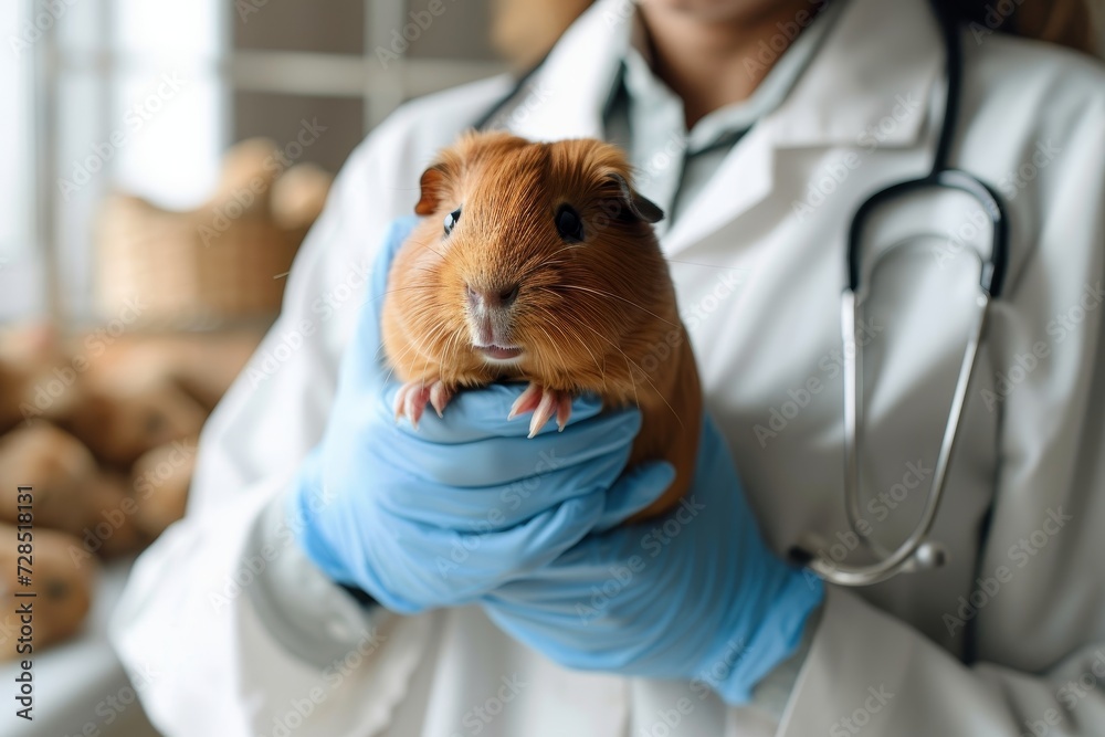 A caring individual cradles their furry companion, a guinea pig, while standing in the comfort of their home A caring individual cradles their furry companion, a guinea pig, while standing in the comfort of their home