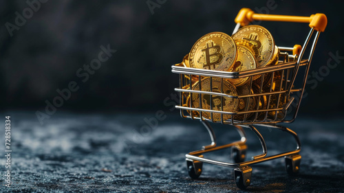 A miniature shopping cart filled with golden Bitcoin coins, symbolizing the modern era of digital currency transactions and investments