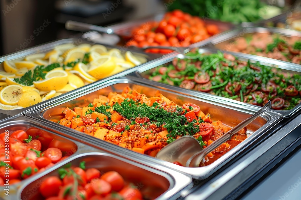 A colorful array of wholesome, locally sourced produce and delicacies, perfect for any vegan or vegetarian diet, fills the trays at this vibrant buffet