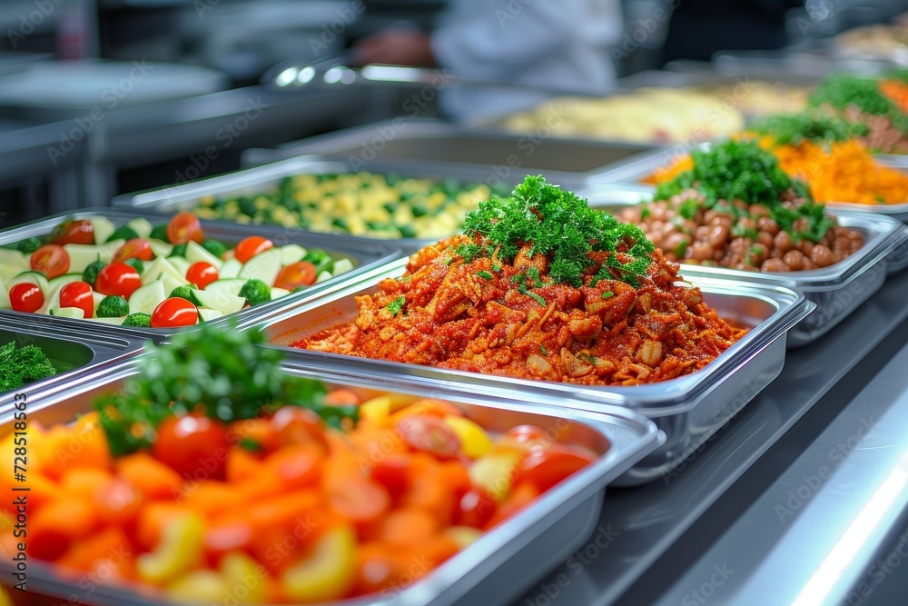 A colorful array of fresh vegetables and delectable delicacies are beautifully displayed on a market buffet, enticing guests to savor each flavorful ingredient in this indoor feast