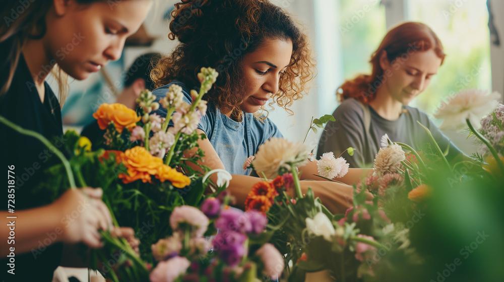Three women create bouquets at a floristic workshop. Small flower business.