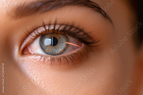 Close-up of a woman blue eye on blue background photo