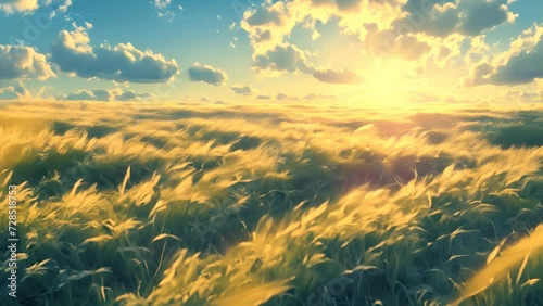 The light of the setting sun illuminates a golden wheat field, with ears of wheat swaying like waves, showcasing its expanse. The play of light and shadow symbolizes nature's bounty and the time of ha