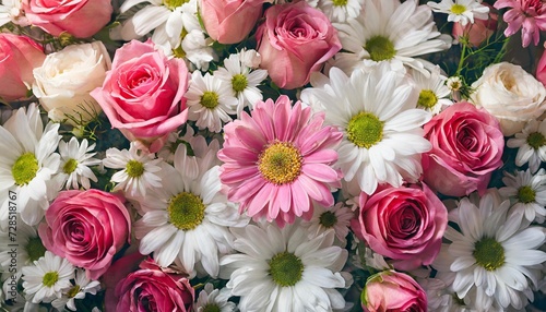 background of pink and white daisies and roses