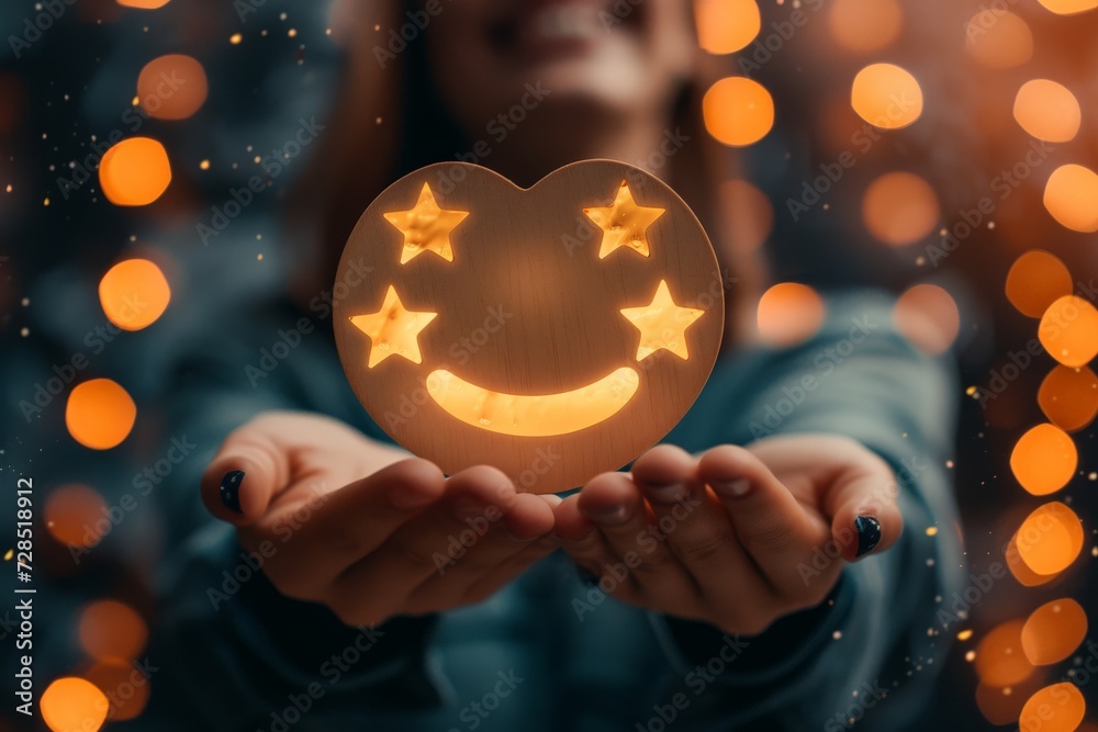 Fototapeta premium Conjoint buoyant uplift emojis. Verified reviews client media communication manipulate smiles happy faces. Neon glowing star emojis, star ratings, handicraft joyful and light happy lucky smiley faces.
