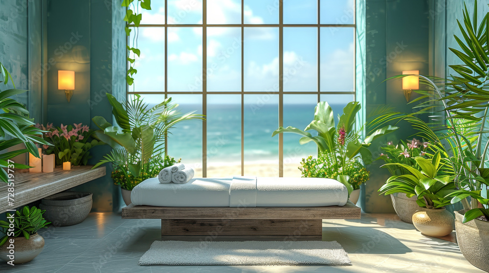An image of a SPA salon on the ocean shore. For covers, banners and other projects about spa treatments, massage and relaxation while traveling.