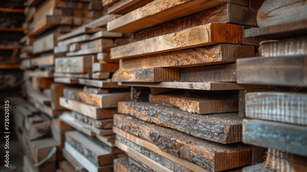 A close-up of neatly stacked lumber showcasing the natural textures and patterns of wood, indicative of construction material storage