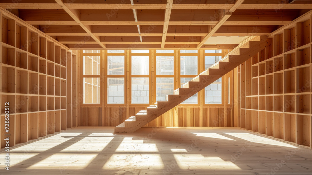 A sunny interior view of a timber frame construction site, showcasing the wooden structure and stairway with natural light streaming through the windows