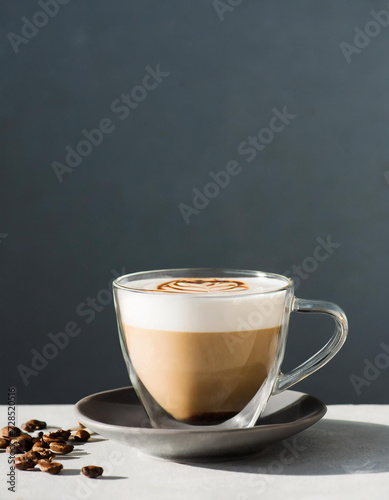 Cappuccino or latte coffee in a glass cup on dark background