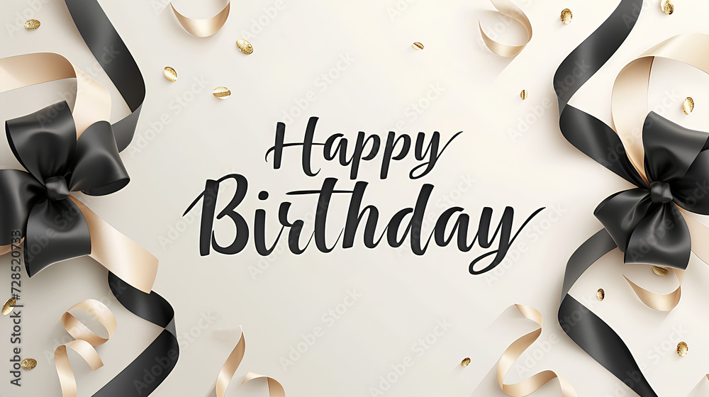 The inscription "Happy birthday", black laconic satin ribbons. Design a festive template for a birthday greeting card. - obrazy, fototapety, plakaty 