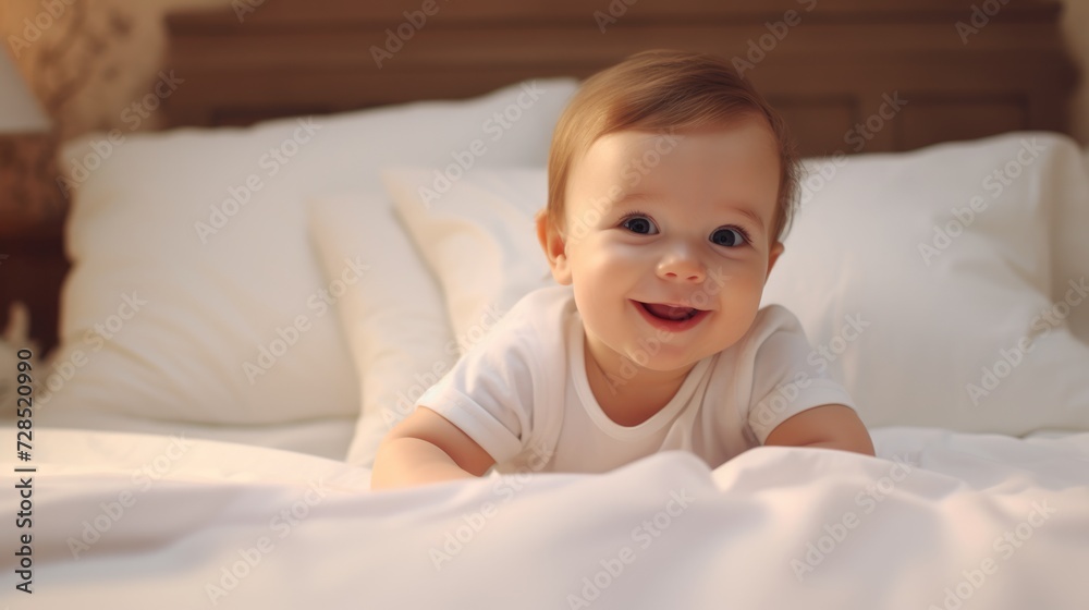 Caucasian Baby on Bed. Happy Newborn Baby with Cute Face lying on Bed in Comfortable Surroundings Caucasian Baby on Bed. Happy Newborn Baby with Cute Face lying on Bed in Comfortable Surroundings