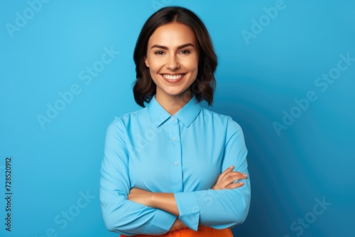 Attractive Businesswoman with Arms Crossed. Beautiful Brown Bobbed Hairdo. Self-confident Agent