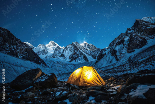 Starlit sky above a glowing tent in snowy mountains Generative AI image photo