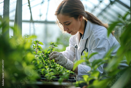 Female scientist examining plants in a greenhouse Generative AI image