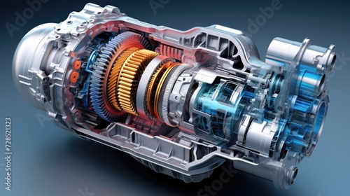 Automobile Transmission Gearbox. Metal parts in Sections. Automatic Car Power Technology