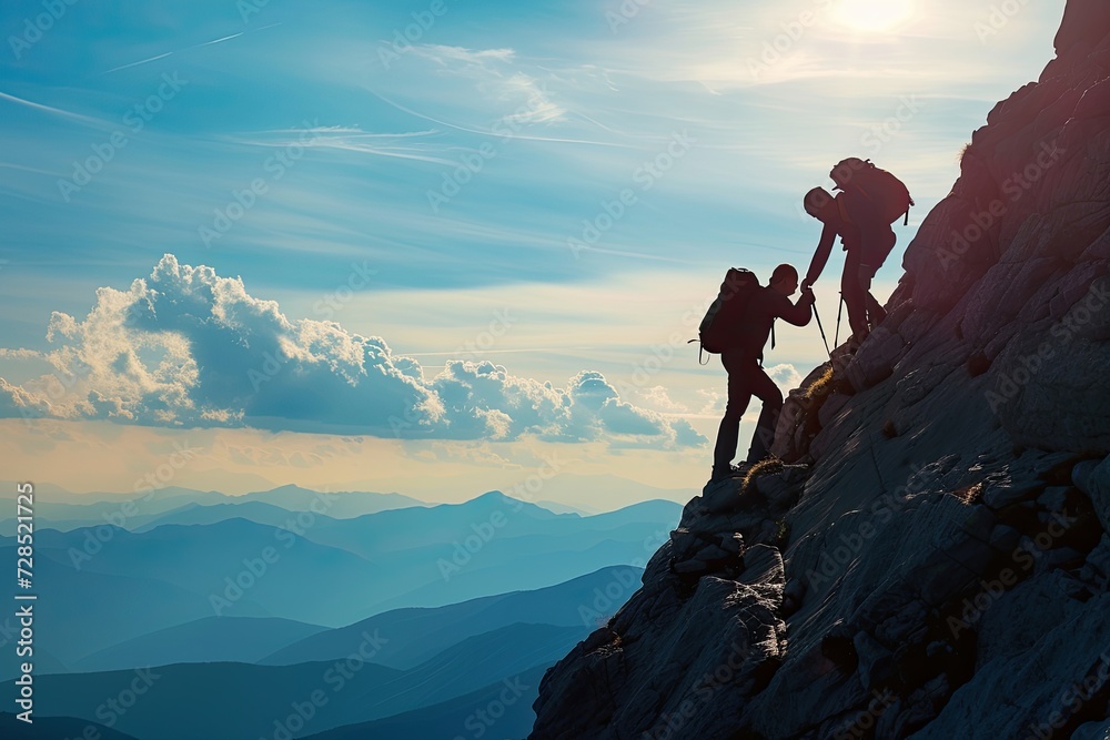 Summit success of hiker extending a helping hand to a friend, reaching the mountain top together. An inspiring image of teamwork, support, and conquering challenges - obrazy, fototapety, plakaty 