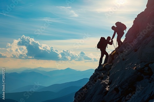 Summit success of hiker extending a helping hand to a friend, reaching the mountain top together. An inspiring image of teamwork, support, and conquering challenges photo
