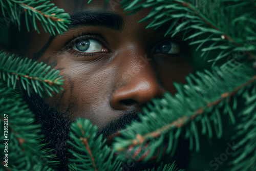 Man's piercing gaze amidst lush greenery. Generative AI image photo