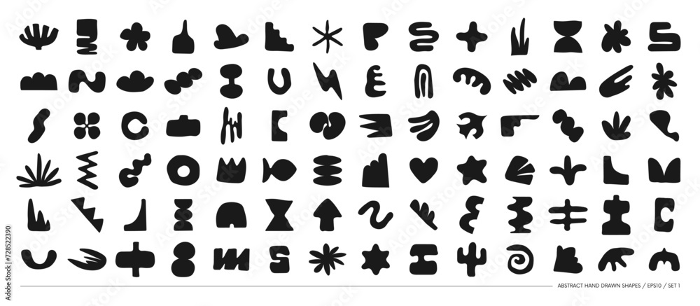 Set of silhouettes minimalistic bizarre abstract geometric unusual shapes and forms in matisse art style, Hand drawn monochrome primitive, Big vector doodle objects and graphic elements, set 1