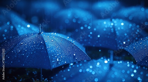 Illustration of abstract low poy wire umbrella cover in rain on dark blue background with water fall drops. Meteorology, safety, autumn season concept. photo