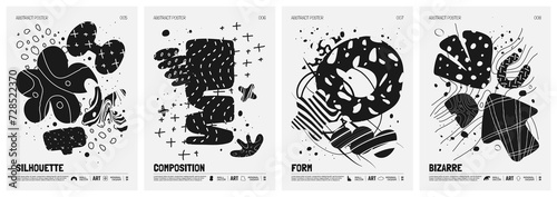 Black and White vector minimalistic Posters with bizarre abstract geometric unusual shapes and forms with textures in matisse style, Hand drawn modern wall art with aesthetic naive figures, set 2