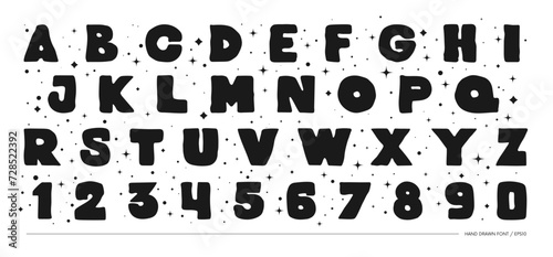 Hand drawn monochrome bizarre alphabet thick font, unusual latin typeface in matisse art style, vector bold letters and numbers