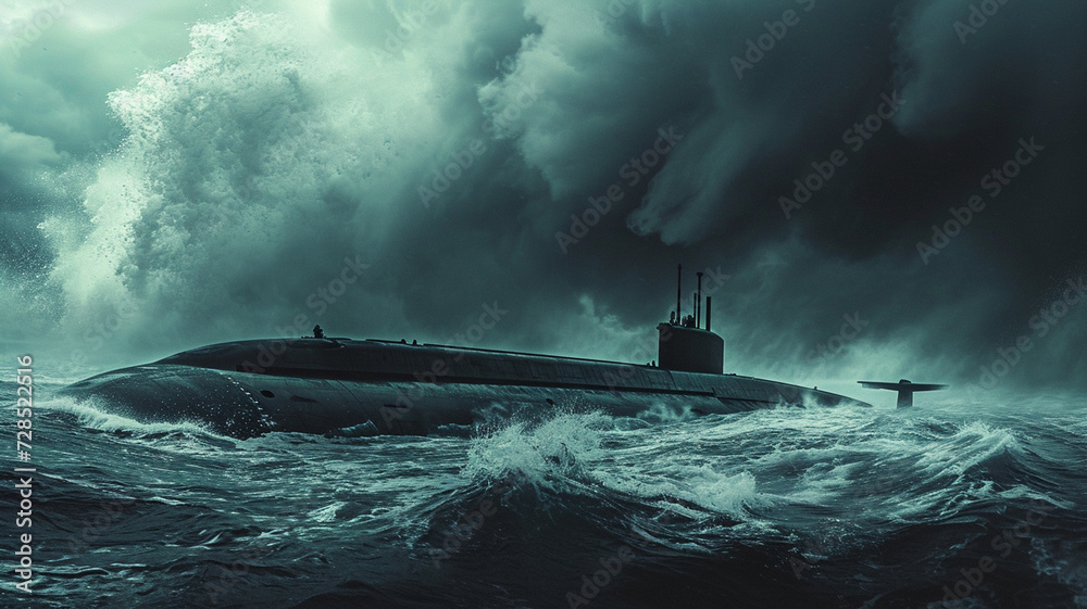 A detailed photograph capturing a naval submarine submerging beneath stormy seas