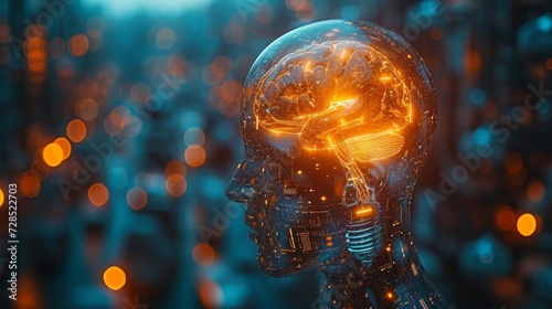 An abstract concept of human head in the form of a light bulb, with the brain inside. AAI technology, artificial mind, brain cognition, digital innovation, Artificial intelligence, Cyber Robot, #728522703