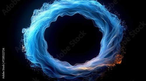 An abstract circle frame with wavy rounded lines flowing in blue green colors isolated on a black background