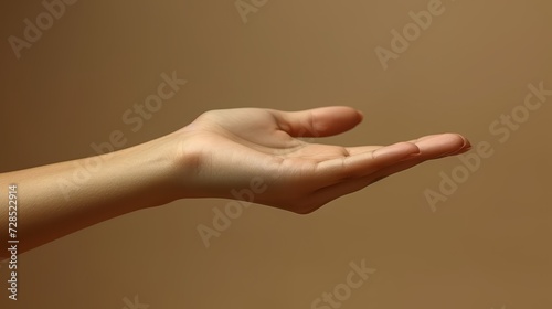 A beautiful woman's hand on a brown background with a copy space. A closeup of an elegant palm facing up on a cream background.