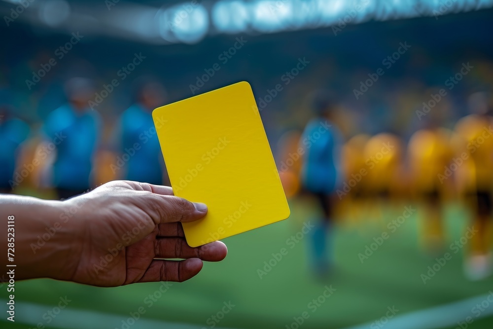 A determined player holds up a yellow card, signaling their dedication to the game in the bright outdoor setting A determined player holds up a yellow card, signaling their dedication to the game in the bright outdoor setting