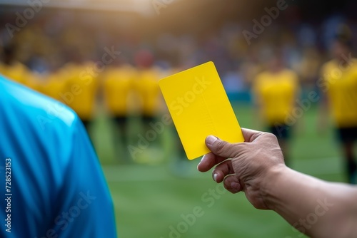 A person stands in a field of vibrant green grass, their hand firmly grasping a bright yellow card, a symbol of warning or caution in the outdoor setting, their clothing blending with the natural sur