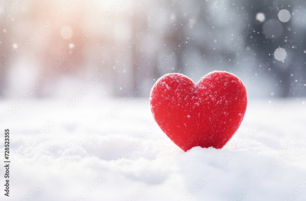 A vibrant red heart stands out against a snowy white backdrop, representing love and passion in the serene winter landscape