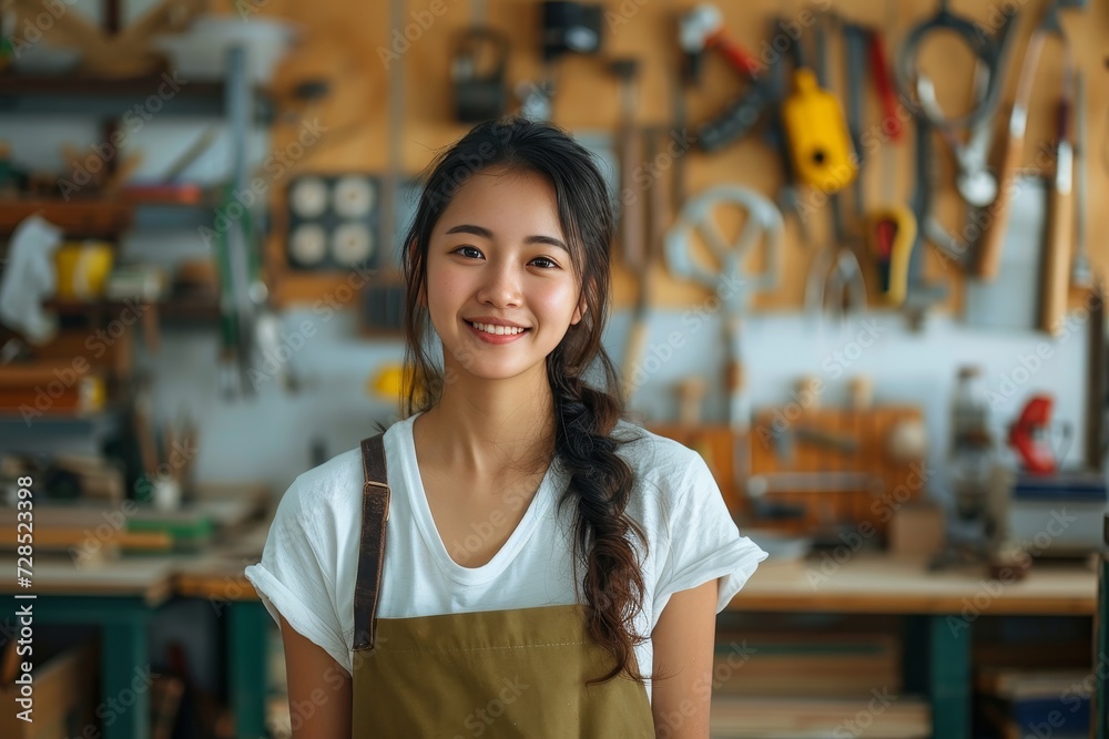 A woman beams with pride as she confidently navigates the tools and machines in her workshop, donning protective clothing and a smile that radiates both strength and femininity