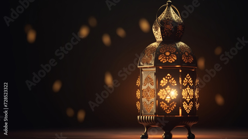 Ornamental Arabic lantern with burning candle glowing at night. Festive greeting card, invitation for Muslim holy month Ramadan Kareem 
