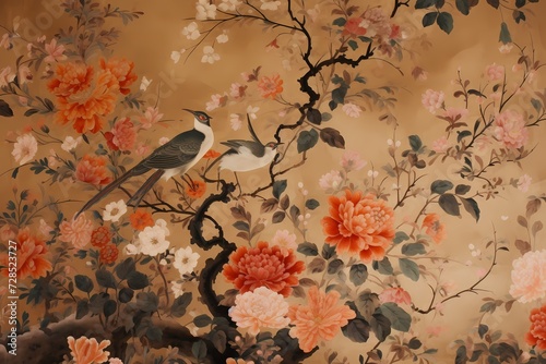 classic chinoiseries style painting with flower and bird, beautiful art work for wall art, decoration, and wallpaper