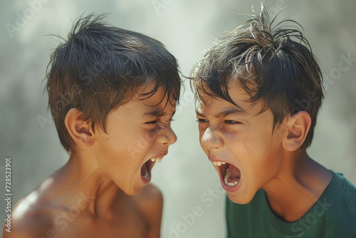 Two young boys, their faces contorted with anger, engage in a heated argument outdoors, their clothing and skin flushed with the intensity of their emotions photo