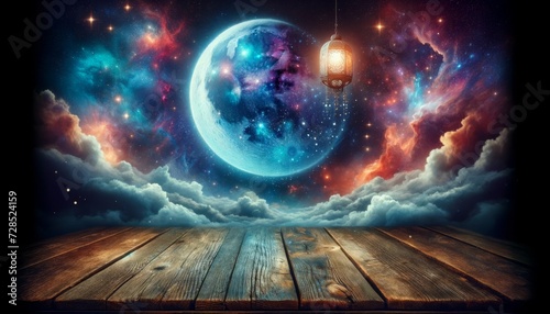 Empty old wood with decorated lanterns and shining crescent moon on cloudy night background