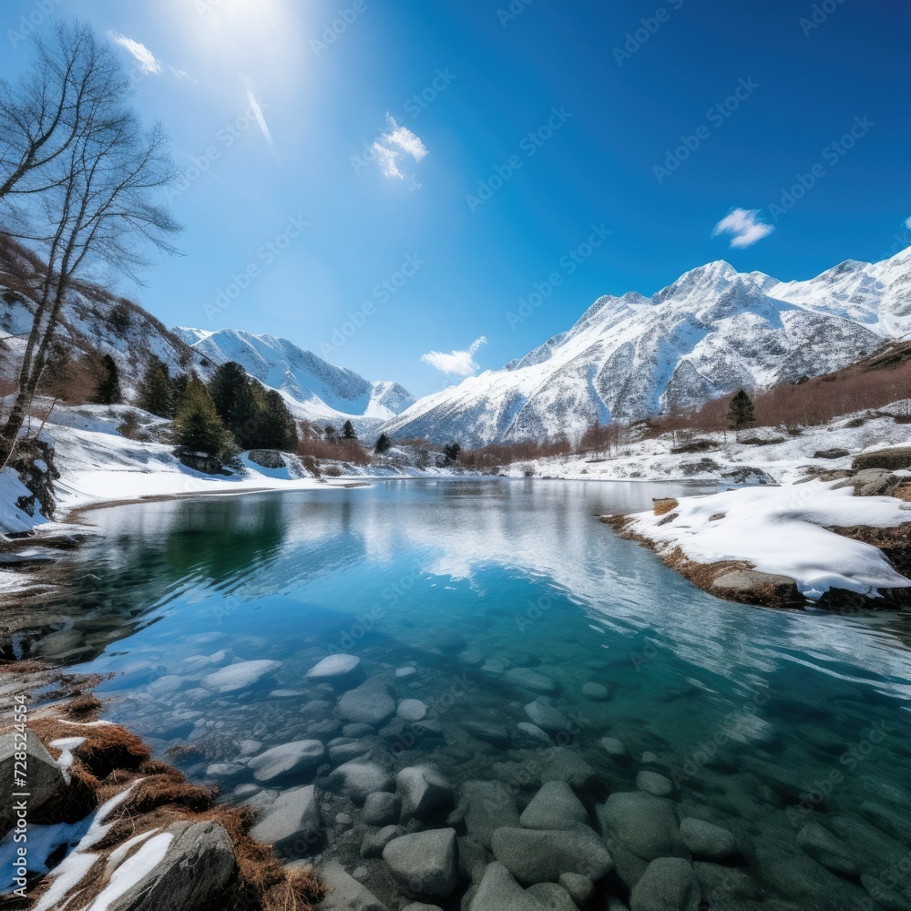 scenery of calm lake surrounded by snowy
