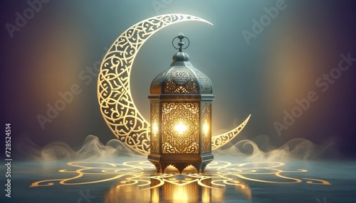 Ramadan lantern and golden crescent moon shining brightly isolated on dark background