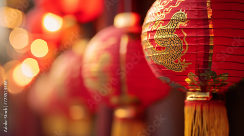 Paper Lanterns with Dragon Gold Foil Imprint and Threading - Chinese New Year Celebration Decoration in Vibrant Color Tones
