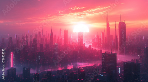 Witness the fusion of magenta and azure in an abstract depiction of a digital sunrise over a futuristic city  casting a warm and dynamic glow across the skyline. 