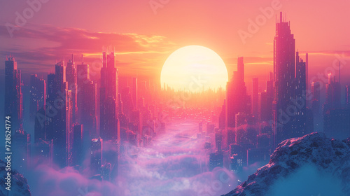 Witness the fusion of magenta and azure in an abstract depiction of a digital sunrise over a futuristic city, casting a warm and dynamic glow across the skyline. 