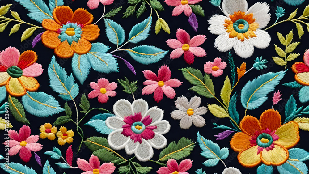 Embroidery seamless pattern with beautiful flowers.  Floral ornament on dark background for fashion products. Elegant design for print fabric or paper and more.Generative AI