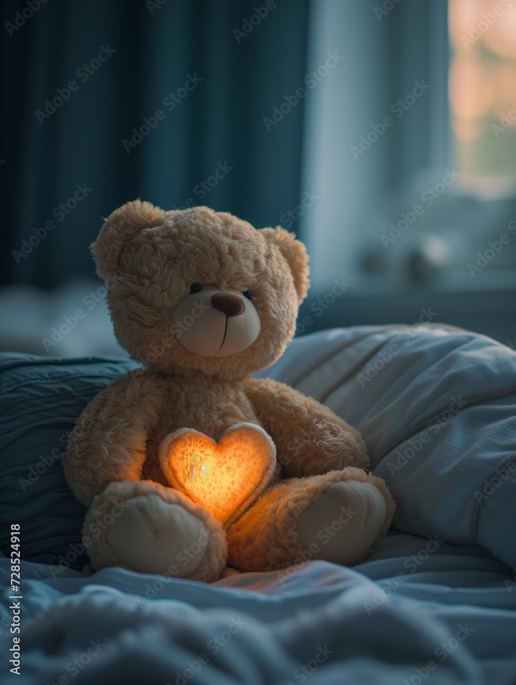 Teddy Bear with Glowing Heart in Bedroom Ambiance