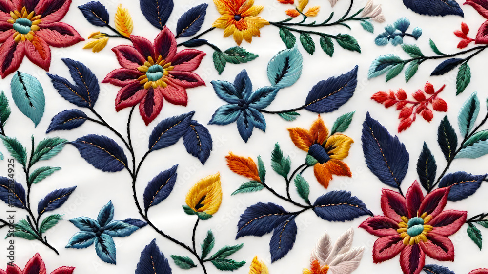 Embroidery seamless pattern with beautiful flowers.  Floral ornament on white background for fashion products. Elegant design for print fabric or paper and more.Generative AI